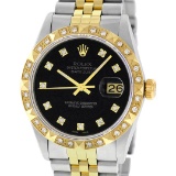 Rolex Mens 2 Tone 14K Black Diamond Pyramid Bezel Datejust Wristwatch