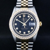 Rolex Mens 2 Tone 14K Black String VS Diamond Datejust Wristwatch