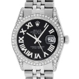 Rolex Mens Stainless Steel Black Roman Diamond Datejust Wristwatch With Wooden W