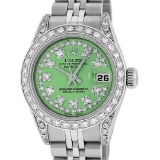 Rolex Ladies Stainless Steel 26MM Green String Diamond Lugs Datejust Wristwatch