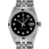 Rolex Mens Stainless Steel Black Diamond & Sapphire Datejust Wristwatch