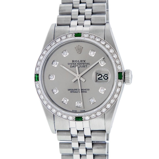Rolex Mens Stainless Steel Slate Grey Diamond & Emerald Datejust Wristwatch