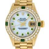 Rolex Ladies 18K Yellow Gold MOP Emerald President Wristwatch With Rolex Box & A