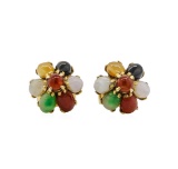 Multi-Colored Jade Flower Motif Stud Earrings - 14KT Yellow Gold