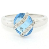 14K White Gold 3.57 ctw Pave Diamond & Caged Checkerboard Oval Blue Topaz Ring
