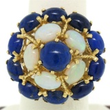 14k Yellow Gold Opal & Lapis Flower Cluster Dome Cocktail Ring