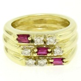 14K Yellow Gold Diamond & Baguette Ruby Wide Stacked Multi Band Ring