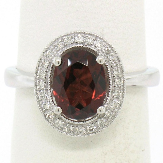 14K White Gold 1.59 ctw Oval Garnet Ring w/ Milgrain Diamond Halo