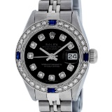 Rolex Ladies Stainless Steel Black Diamond & Sapphire Datejust Wristwatch