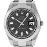 Rolex Mens SS 41MM Rhodium Baguette Diamond Datejust 2 Oyster Band Wristwatch Wi