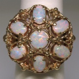14k Yellow Gold 2.25 ctw Large Beaded Round & Oval Opal Open Work Cocktail Ring