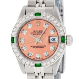 Rolex Ladies Stainless Steel Quickset Salmon Diamond & Emerald Wristwatch
