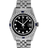 Rolex Mens Stainless Steel Black String Diamond & Sapphire Datejust Wristwatch
