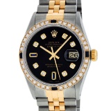 Rolex Mens 2 Tone 14K Black Diamond & Sapphire 36MM Datejust Wristwatch