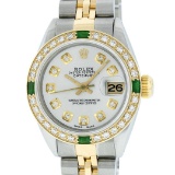Rolex Ladies 2 Tone Silver Diamond & Emerald Datejust Wristwatch