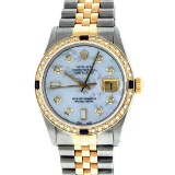 Rolex Mens 2 Tone 14K Mother Of Pearl Diamond & Sapphire Datejust Wristwatch