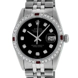 Rolex Mens Stainless Steel Black Diamond & Ruby Datejust Wristwatch