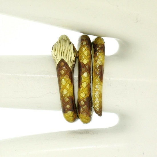 14k Yellow Gold Yellow Brown Enamel Texture Wide Wrap Snake Ring