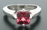 18k White Gold Cushion Rubellite Tourmaline Ring w/ 0.79 ctw Pave Fine Diamonds