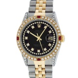 Rolex Mens 2 Tone 14K Black String Diamond Lugs & Ruby Datejust Wristwatch