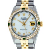 Rolex Mens 2 Tone 14K Mother Of Pearl Diamond & Emerald 36MM Datejust Wristwatch