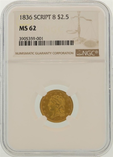 1836 $2.5 Liberty Head Quarter Eagle Gold Coin NGC MS62