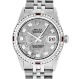 Rolex Mens SS Meteorite Diamond & Ruby Channel Set Diamond Datejust Wristwatch