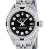 Rolex Ladies Stainless Steel Black Diamond & Channel Sapphire Datejust Wristwatc