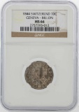 1844 Switzerland 10C Geneva Billon Coin NGC MS66