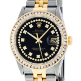 Rolex Mens 2 Tone 14K Black String Princess Cut Diamond Datejust Wristwatch