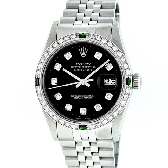Rolex Mens Stainless Steel Slate Black Diamond & Emerald Datejust Wristwatch
