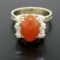14K Two Tone Gold Oval Carnelian Solitaire Ring w/ Round Diamond Accents