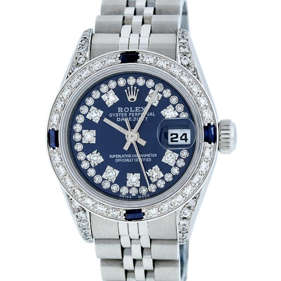 Rolex Ladies Stainless Steel Quickset Blue Diamond Lugs Datejust Wristwatch