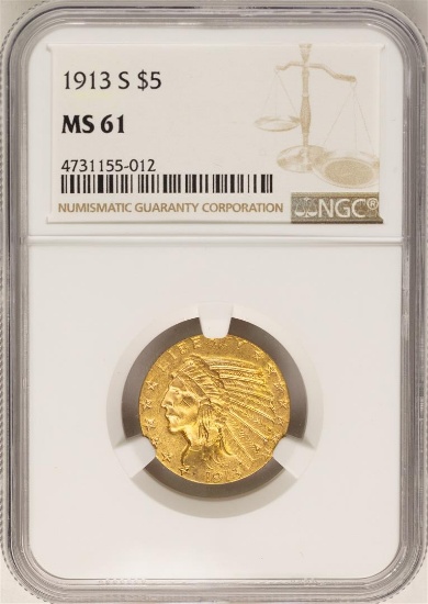 1913-S $5 Indian Head Half Eagle Gold Coin NGC MS61