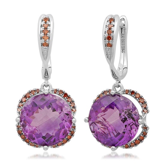 14k White Gold  6.84CTW Red Cognac Dia and Amethyst Earrings