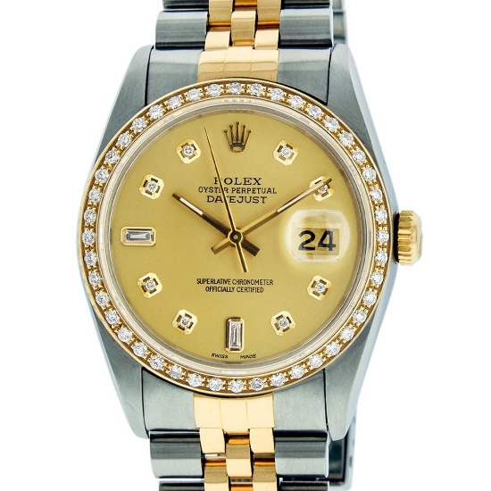 Rolex Mens 2 Tone 14K Champagne Diamond 36MM Datejust Wriswatch