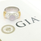 Men's Ribbed 18k Two Tone Gold GIA Certified Round Star Sapphire Solitaire Ring