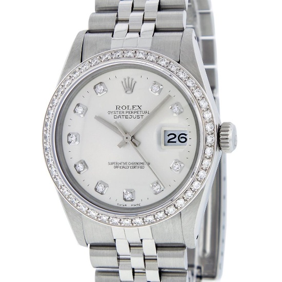 Rolex Mens Stainless Steel Silver Diamond 36MM Datejust Wristwatch