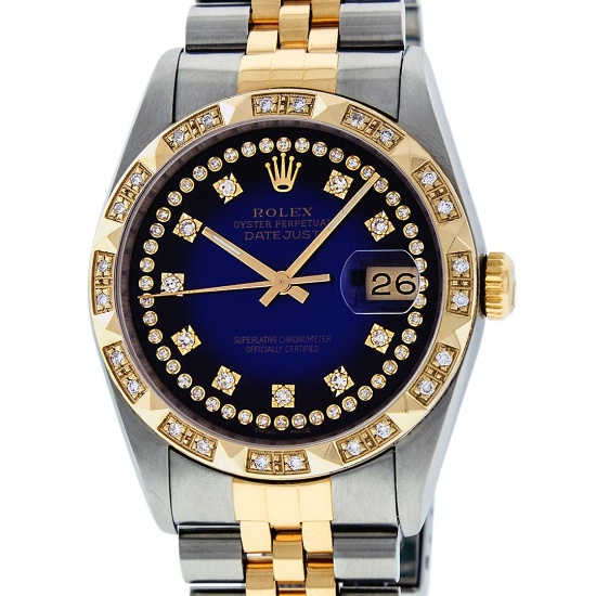 Rolex Mens 2 Tone 14K Blue Vignette String Pyramid Diamond Datejust Wristwatch