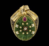 140.00 ctw Jadeite, Ruby and Diamond Pendant-Pin - 18-22KT Yellow Gold