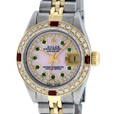 Rolex Ladies 2 Tone 14K Pink MOP Emerald & Ruby Datejust Wriswatch