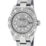 Rolex Ladies Stainless Steel Quickset Slate Grey String Diamond Datejust Wristwa