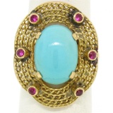 18k Yellow Gold 5.3 ctw Persian Turquoise & Ruby Wavy Halo Ring