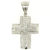 14k White Gold 2.10 ctw Invisible Set Princess & Round Diamond Cross Pendant