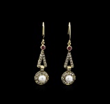 Pearl, Ruby and Diamond Earrings - 18KT Yellow Gold