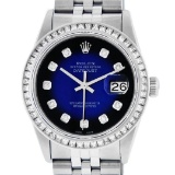 Rolex Mens Stainless Steel Blue Vignette Princess Cut Diamond Datejust Wristwatc