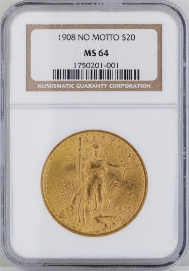 1908 $20 St. Gaudens Double Eagle Gold Coin NGC MS64