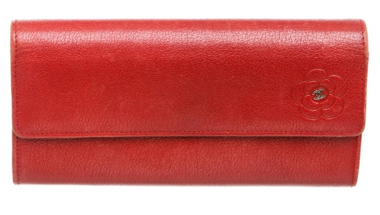 Chanel Red Leather Camelia CC Flap Long Wallet