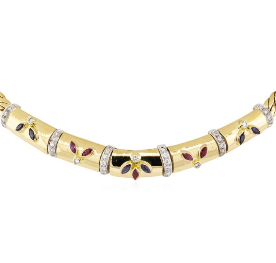 1.58 ctw Ruby, Sapphire and Diamond Necklace - 18KT Yellow and White Gold