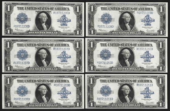 Lot of (6) Consecutive 1923 $1 Silver Certificate Notes Uncirculated